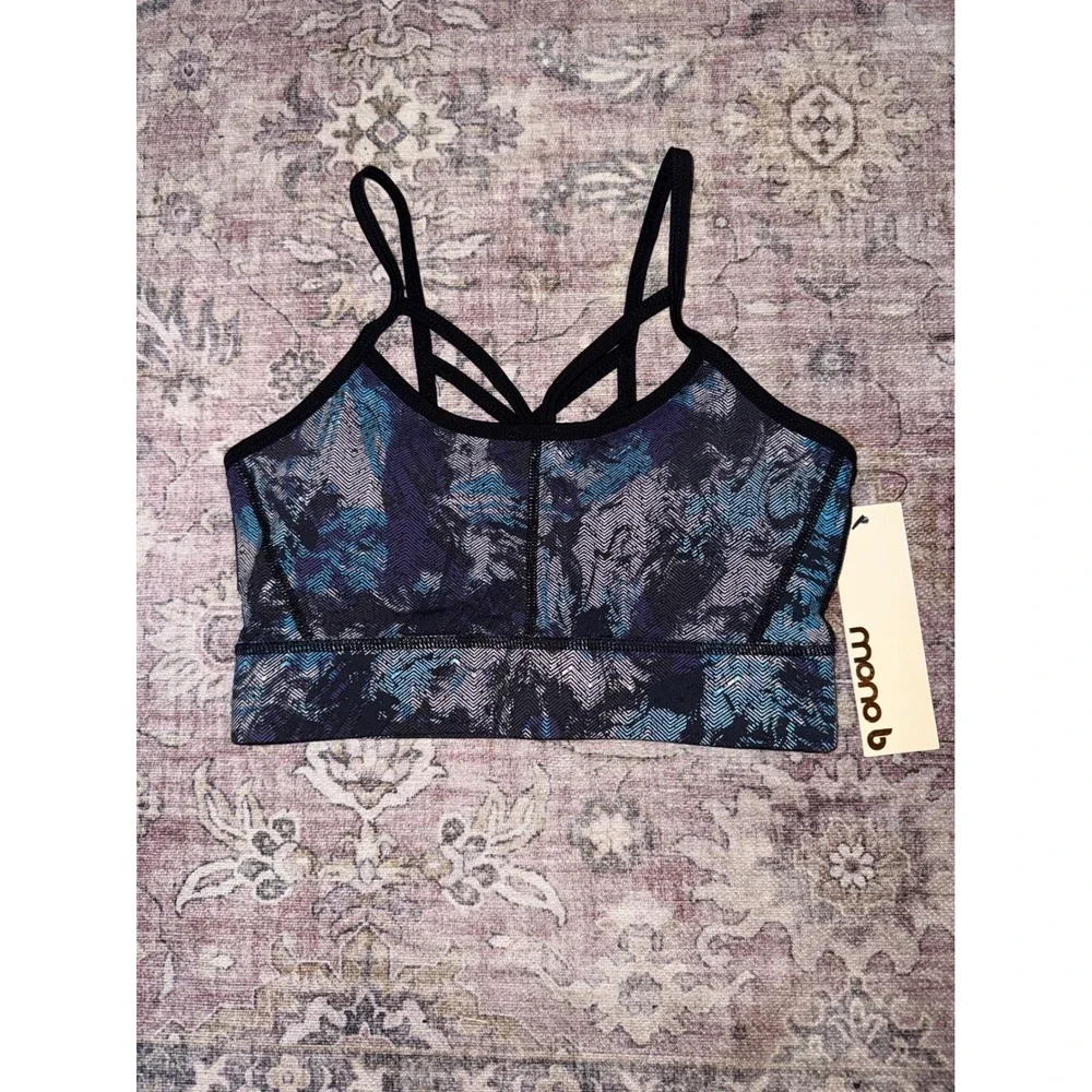 Mono B Blue Purple Abstract Print Strappy Mesh Back Sports Bra AT1672 NWT Small